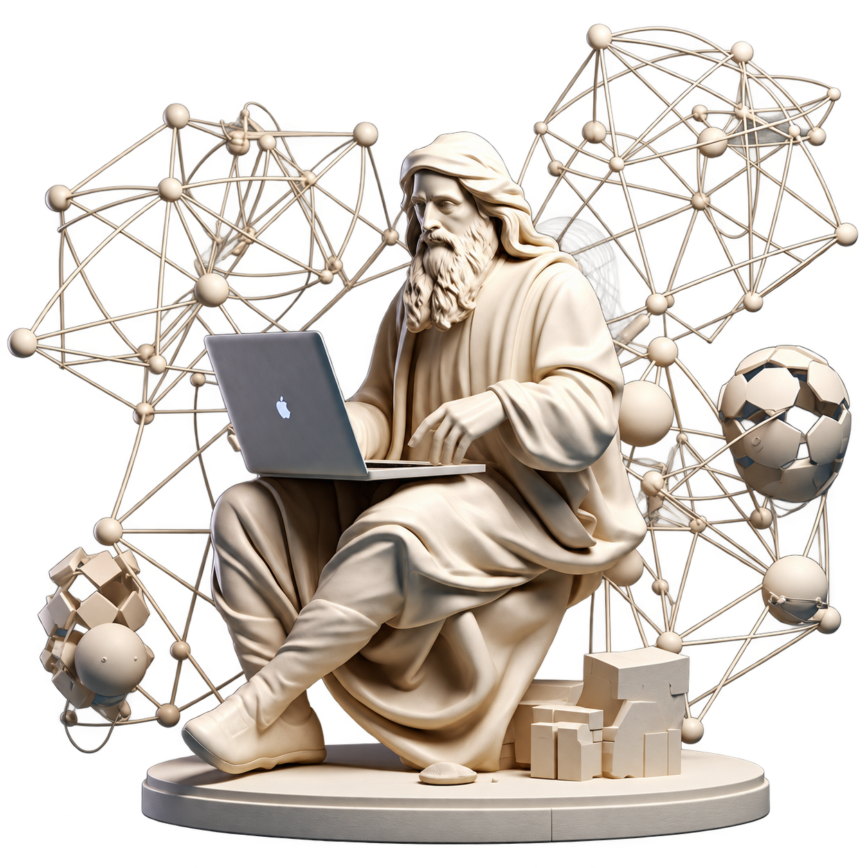 Thinker surrounded by connected architecture
